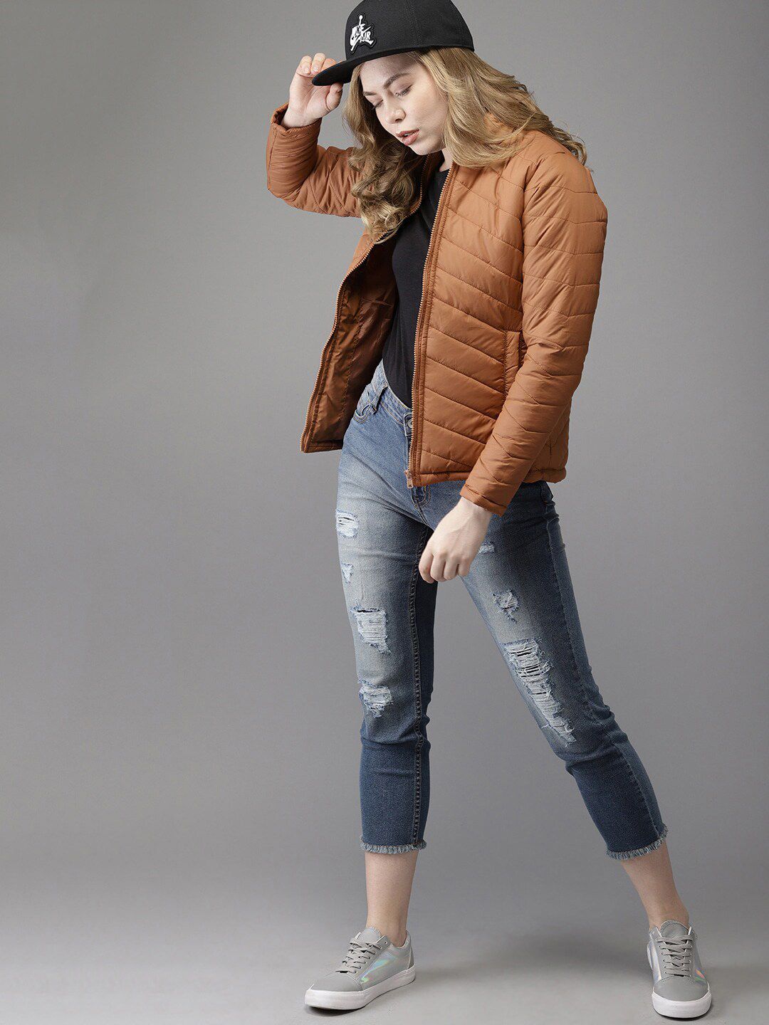 Campus Sutra Women Brown raffia Striped Windcheater Longline Outdoor Puffer Jacket