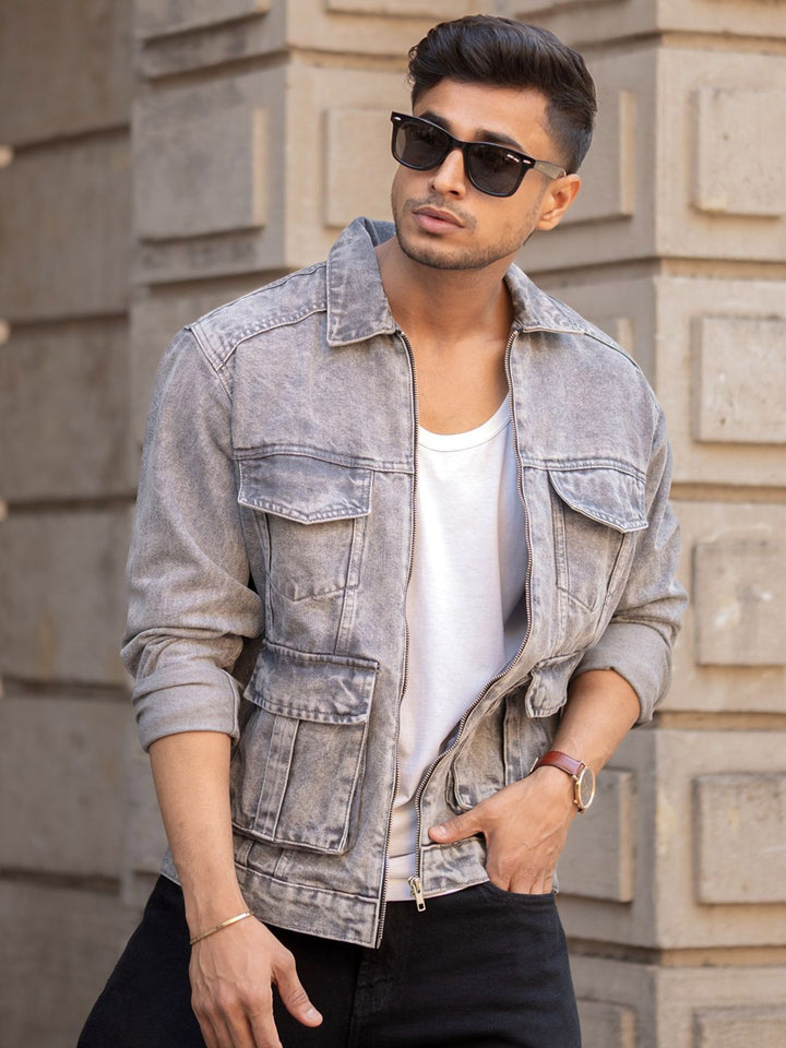 Powerlook Men Spread Collar Washed Solid Cotton Casual Denim Jacket