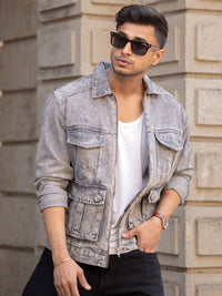 Powerlook Men Spread Collar Washed Solid Cotton Casual Denim Jacket