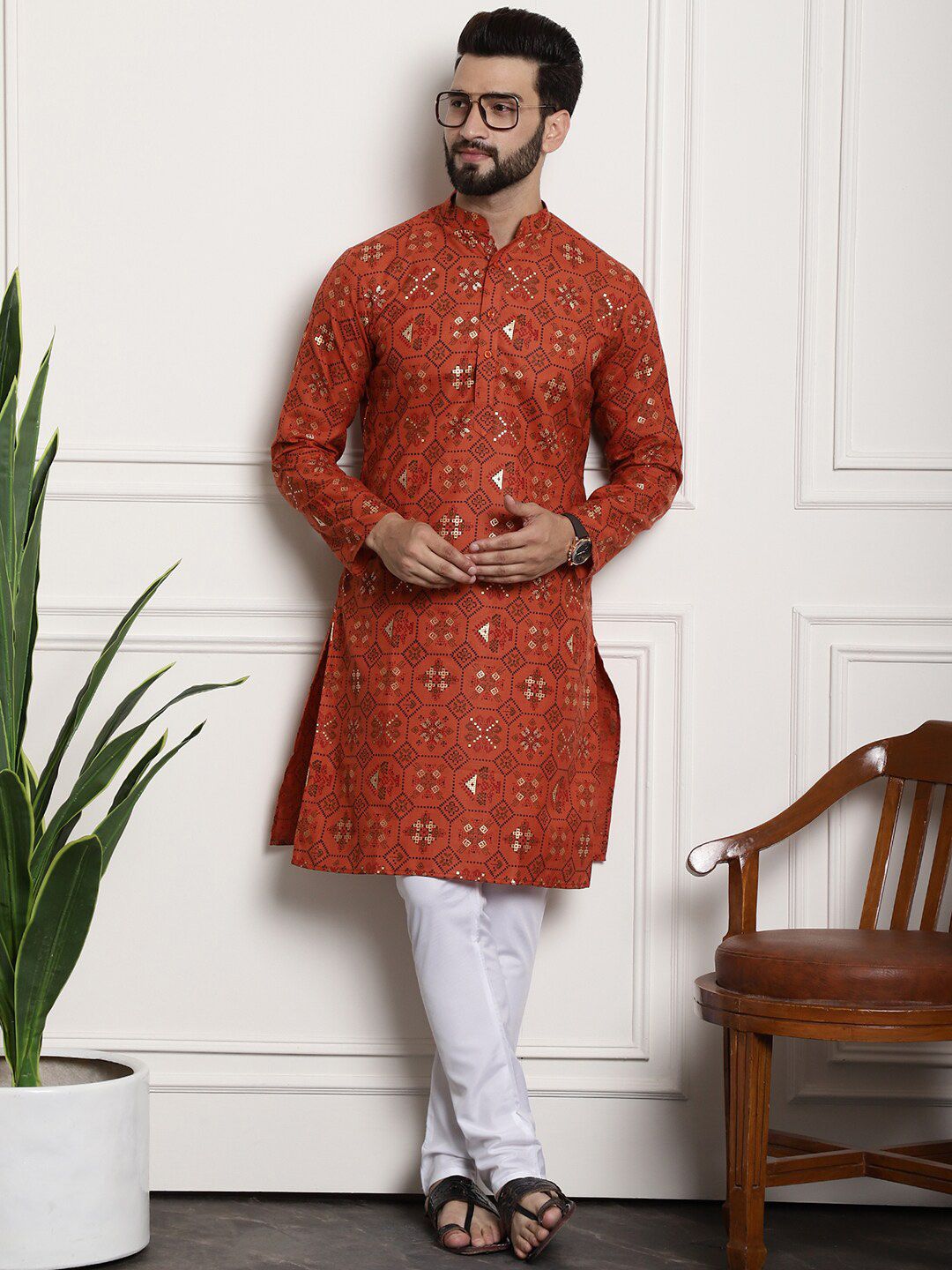 SOJANYA Ethnic Motifs Printed Band Collar Straight Kurta With Churidar