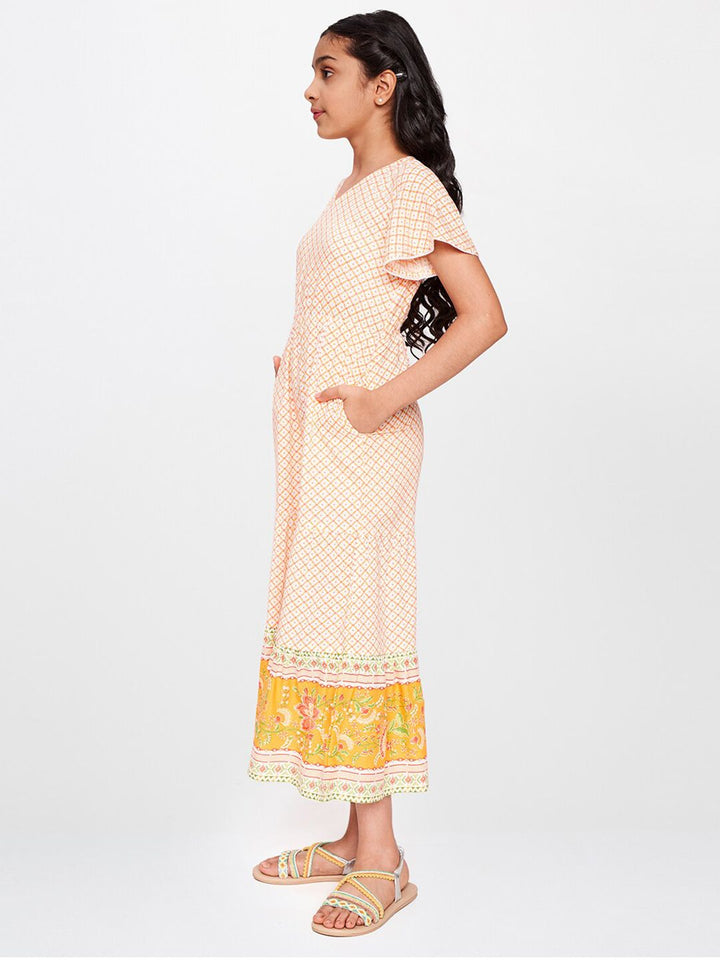 Global Desi Girls Off-White & Yellow Printed Basic Jumpsuit