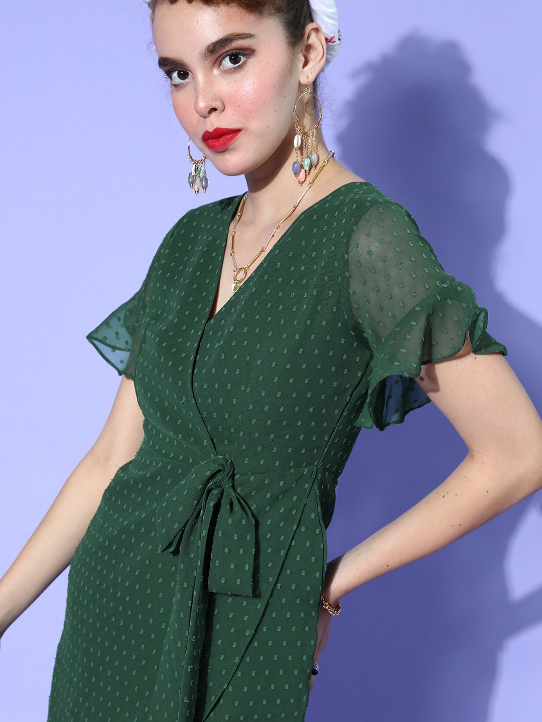 Berrylush Women Gorgeous Green Self-Design 70s Mini Dress