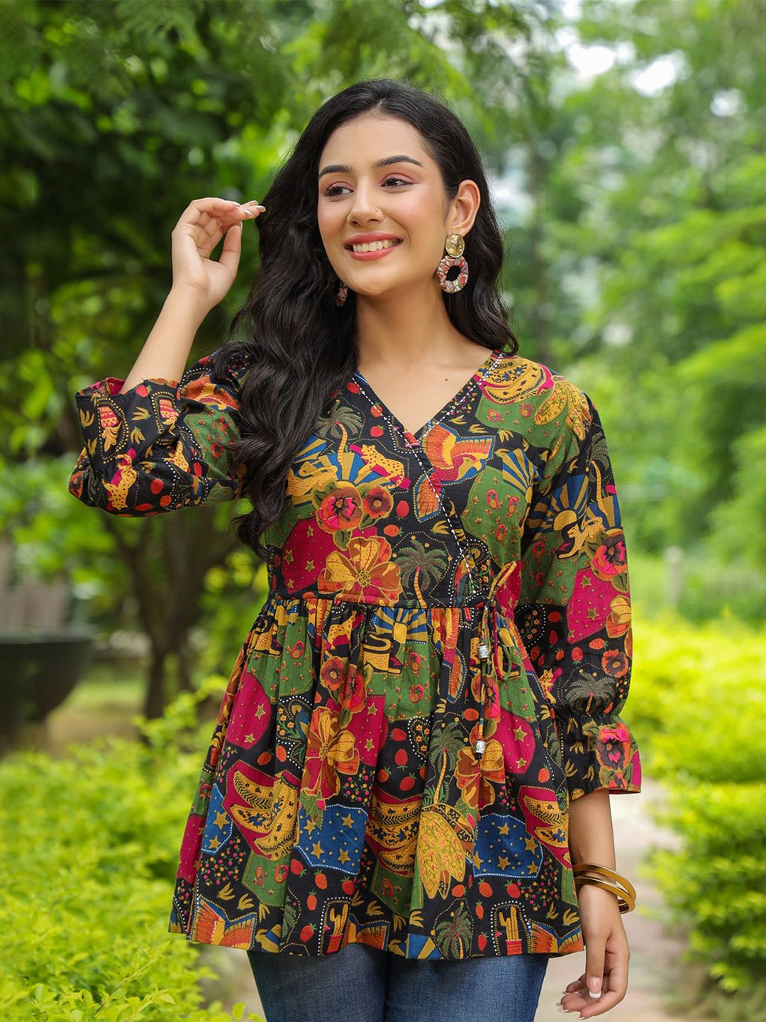 Rain & Rainbow Floral Printed Bell Sleeve Cotton Empire Top
