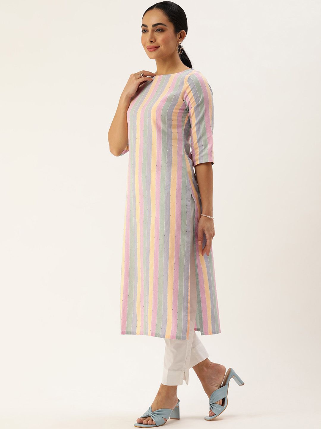KALINI Women Striped Keyhole Neck Flared Sleeves Sequinned Kurta