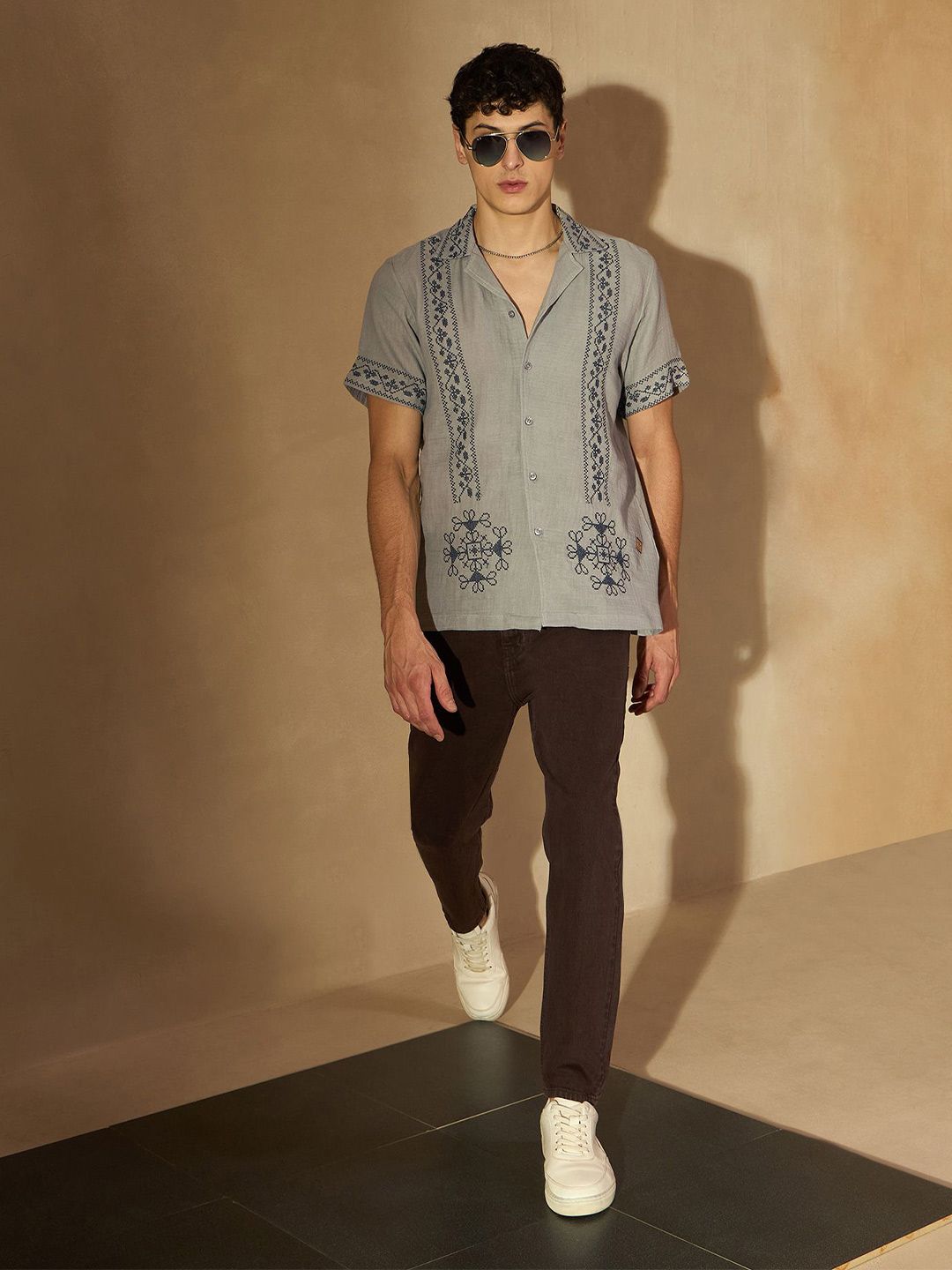 DENNISON Men Embroidered Oversized Cuban collar Short Slevees Traditional Casual Shirt