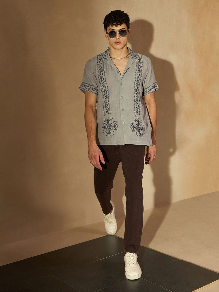 DENNISON Men Embroidered Oversized Cuban collar Short Slevees Traditional Casual Shirt