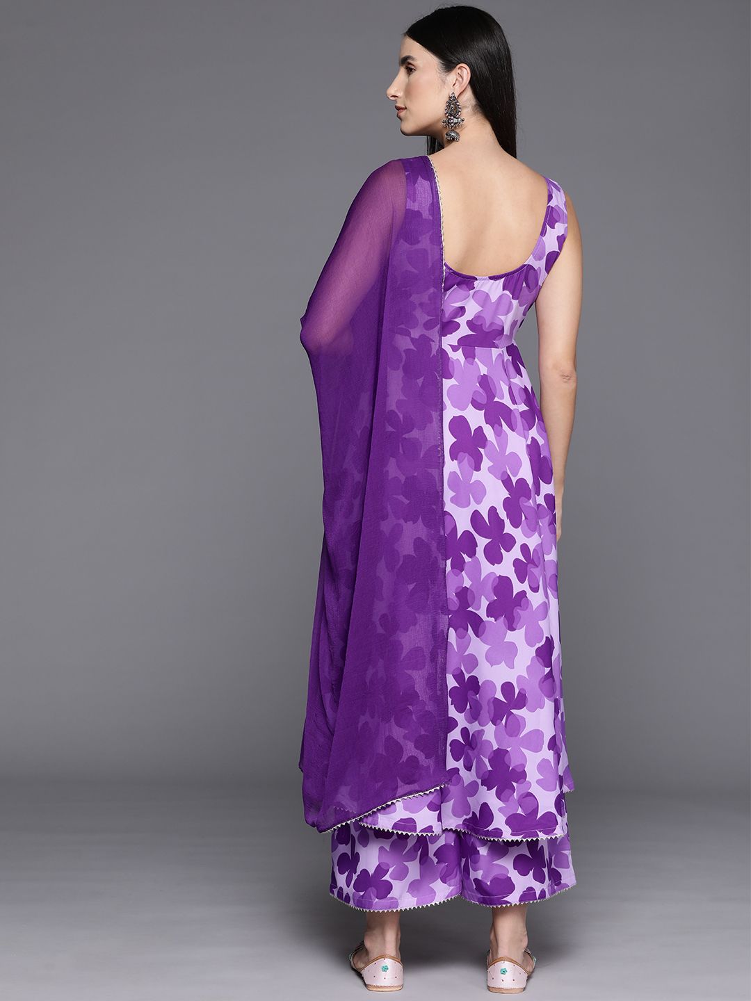 Varanga Women Floral Printed Empire Silk Crepe Kurta with Trousers & Dupatta
