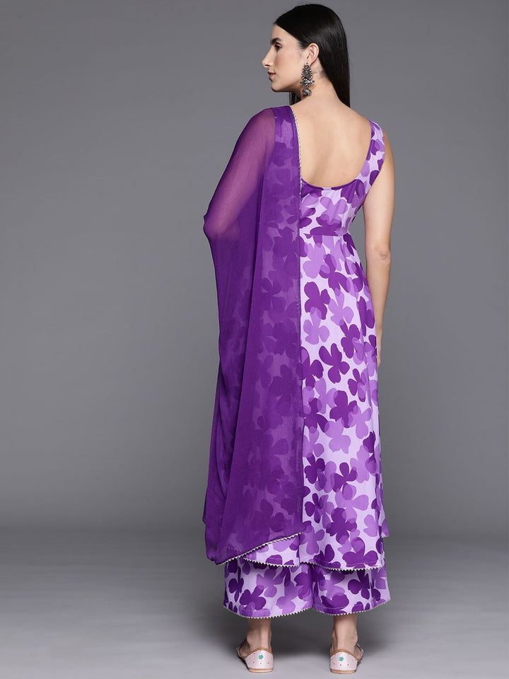 Varanga Women Floral Printed Empire Silk Crepe Kurta with Trousers & Dupatta
