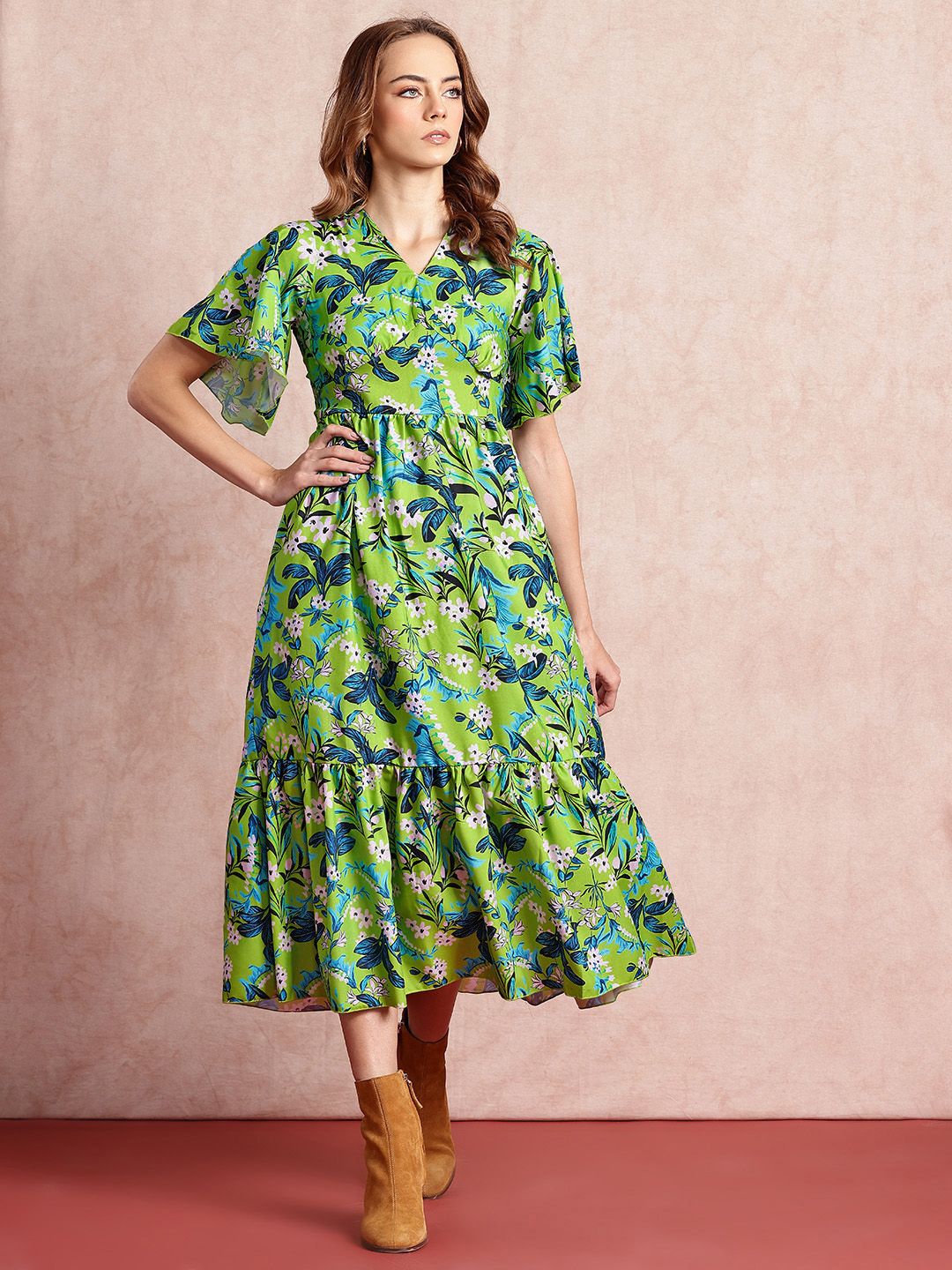 all about you Floral Print Flared Sleeve Fit & Flare Midi Dress