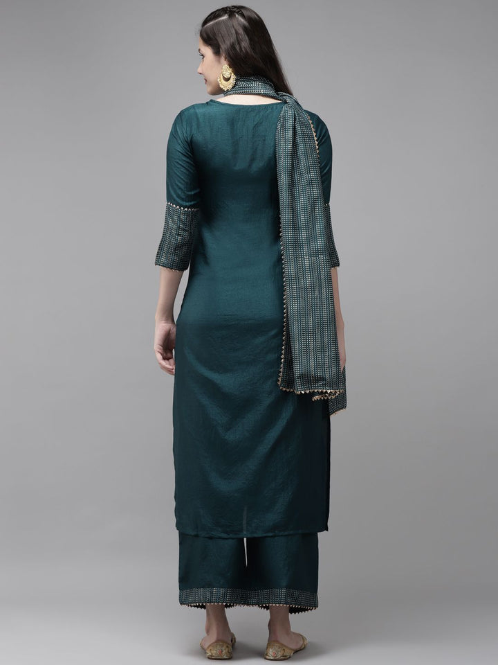 Indo Era Women Teal Green & Golden Yoke Design Kurta with Palazzos & With Dupatta