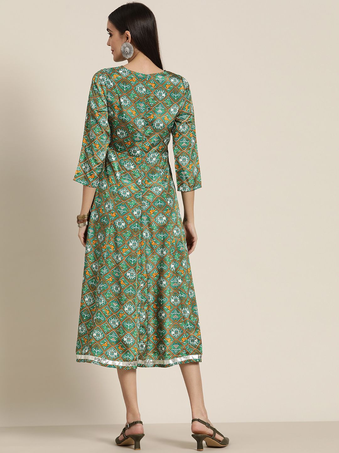 Shae by SASSAFRAS Green & White Ethnic Motifs Ethnic A-Line Midi Dress