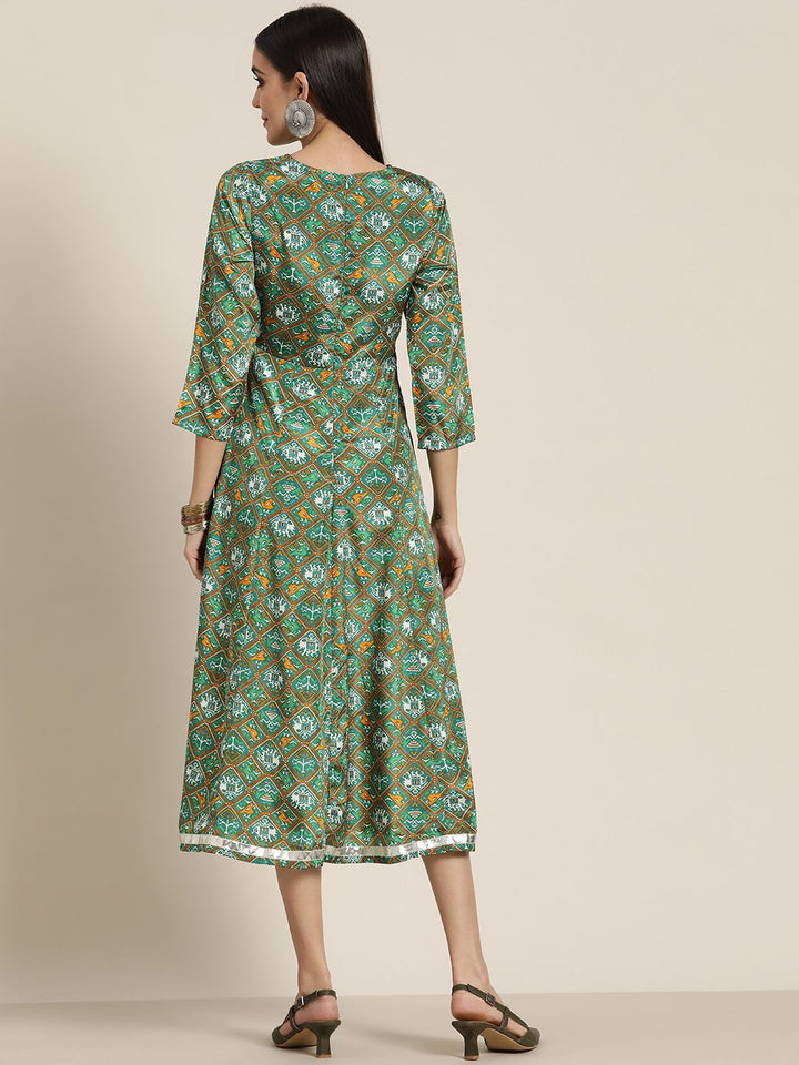 Shae by SASSAFRAS Green & White Ethnic Motifs Ethnic A-Line Midi Dress