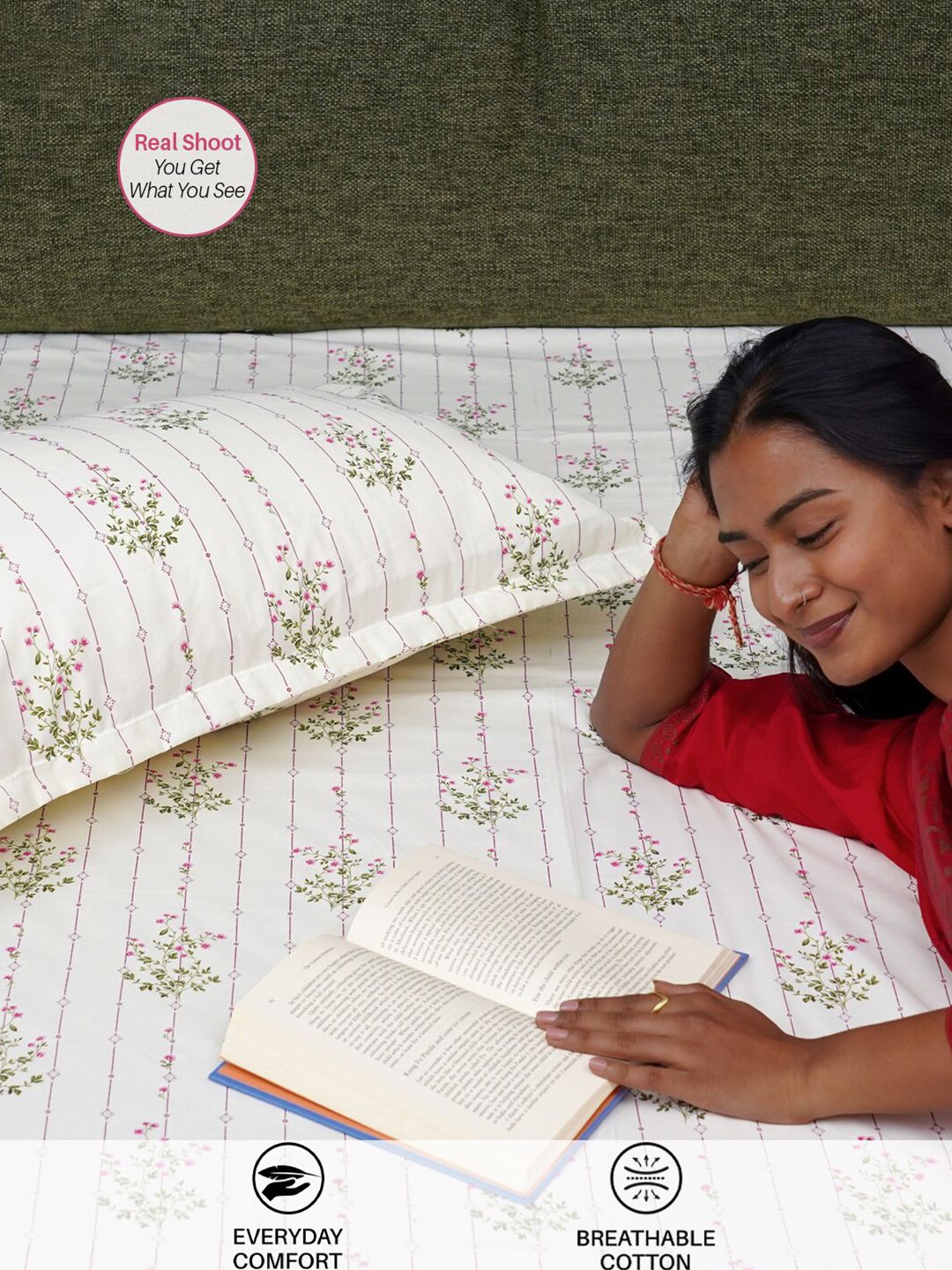 URBAN SPACE  White & Pink Floral 200 TC King Bedsheet with 2 Pillow Covers