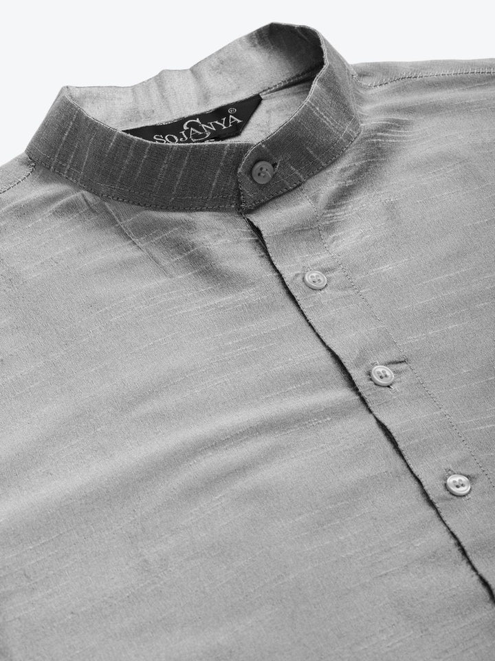 SOJANYA Men Grey & Green Solid Kurta with Churidar & Printed Jacket