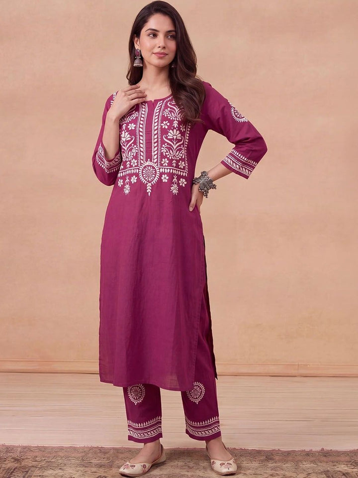 House of Chikankari Women Ethnic Motifs Embroidered Regular Thread Work Kurta with Trousers