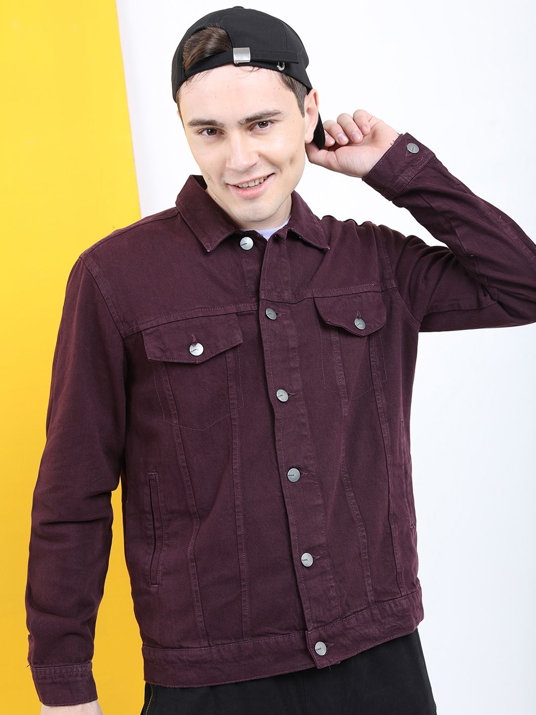 Highlander Men Jaket Denim Pepejal Ungu