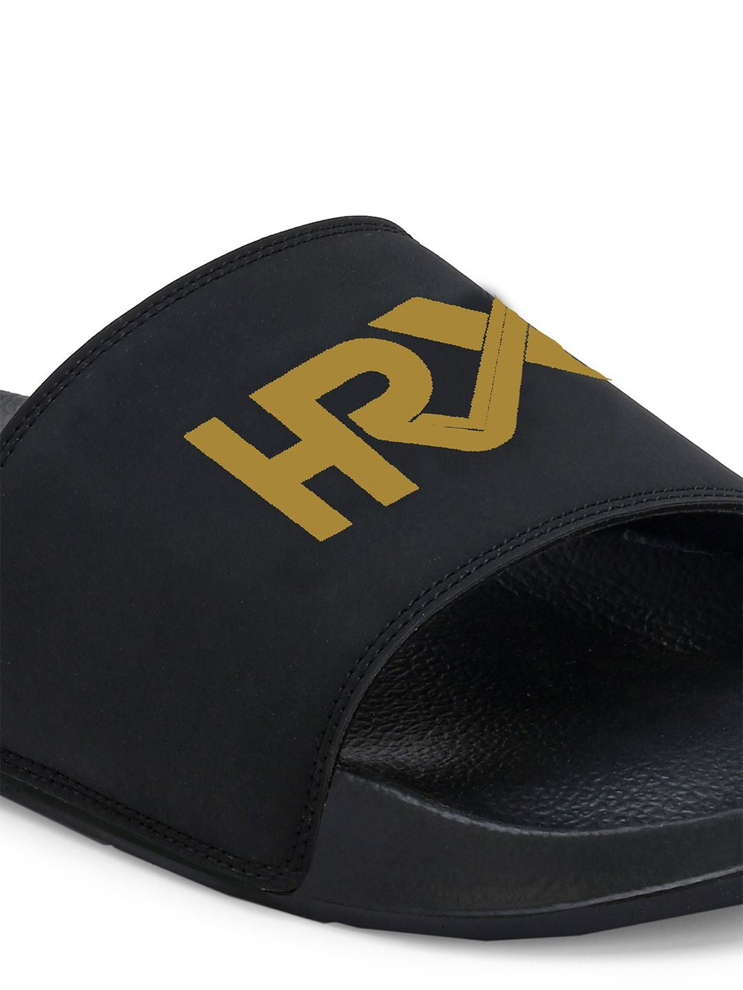 HRX by Hrithik Roshan Women Black & Gold-Toned Printed Sliders