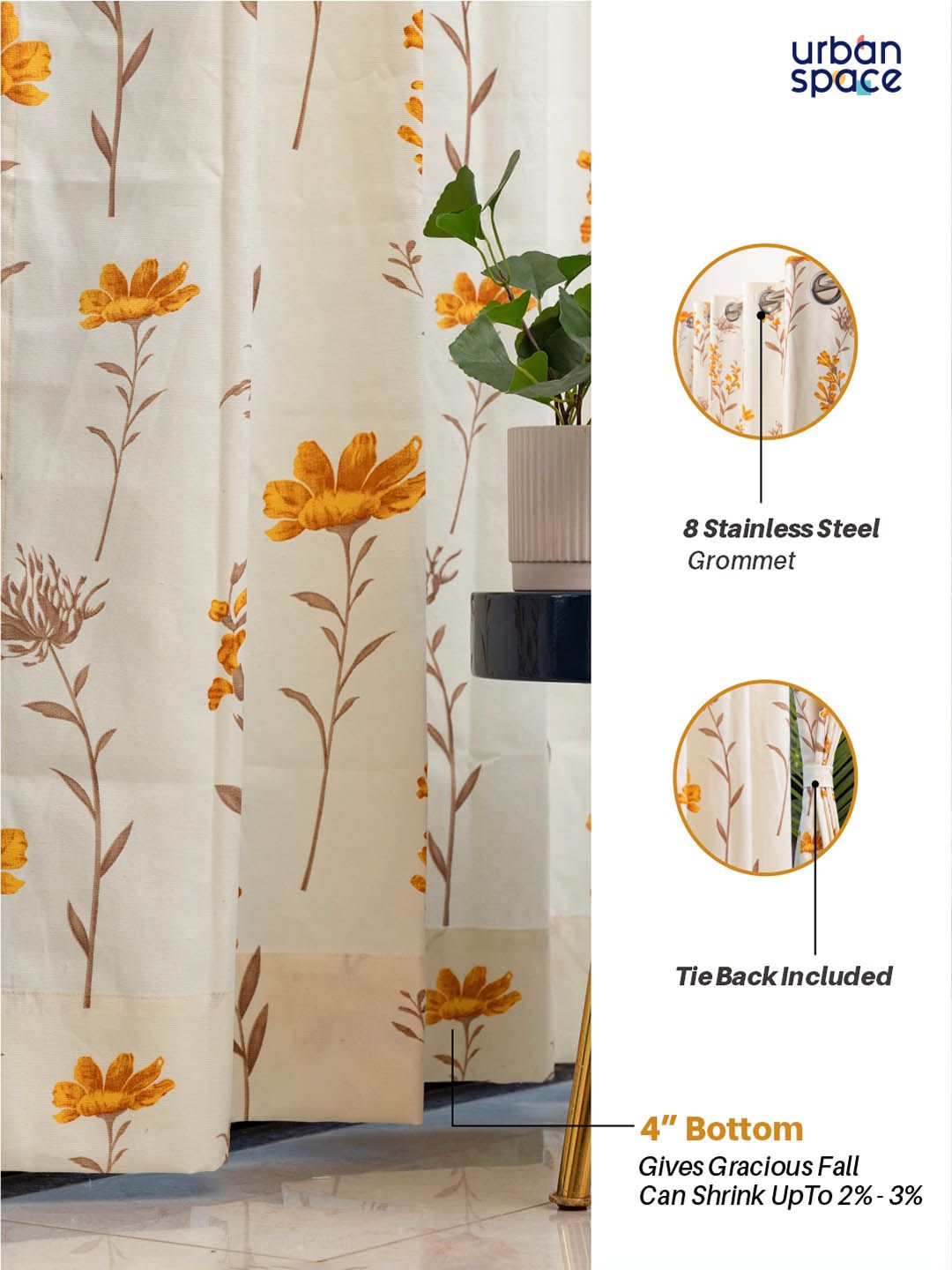 URBAN SPACE White & Yellow 2 Pieces Floral Printed Window Curtains