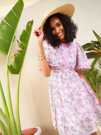 SASSAFRAS Floral Print Flared Sleeve Cut Out Georgette Fit & Flare Dress