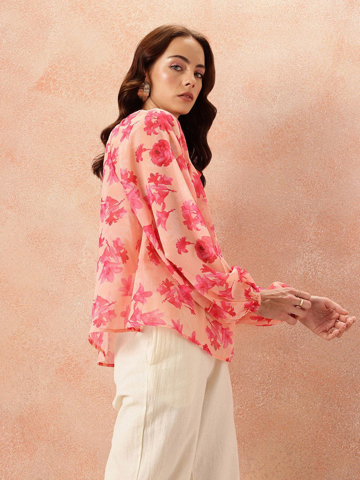 all about you Floral Print Tie-Up Neck Puff Sleeve Top