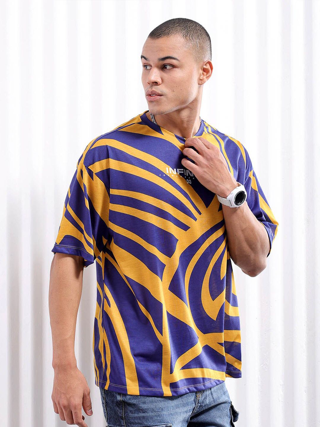 The Indian Garage Co Navy Blue Abstract Print Drop Shoulder Sleeves Oversized T-shirt