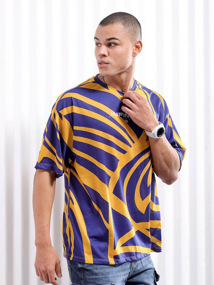The Indian Garage Co Navy Blue Abstract Print Drop Shoulder Sleeves Oversized T-shirt