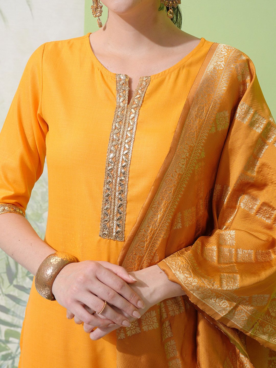Vishudh Yellow Round Neck Embellished Straight Kurta & Palazzos With Dupatta