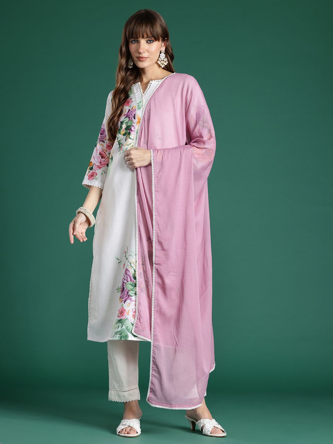 Indo Era Floral Printed Beads and Stones Linen Kurta with Trousers & With Dupatta