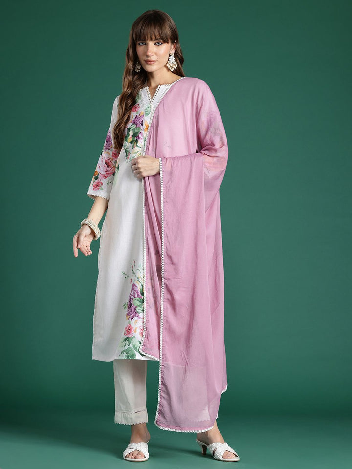 Indo Era Floral Printed Beads and Stones Linen Kurta with Trousers & With Dupatta