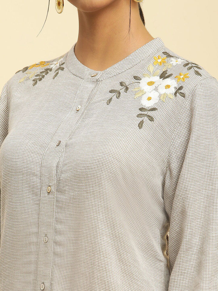 W Checked Collar Checked Band Collar Long Sleeve A-Line Kurta