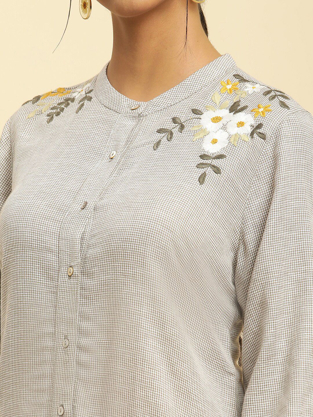 W Checked Collar Checked Band Collar Long Sleeve A-Line Kurta