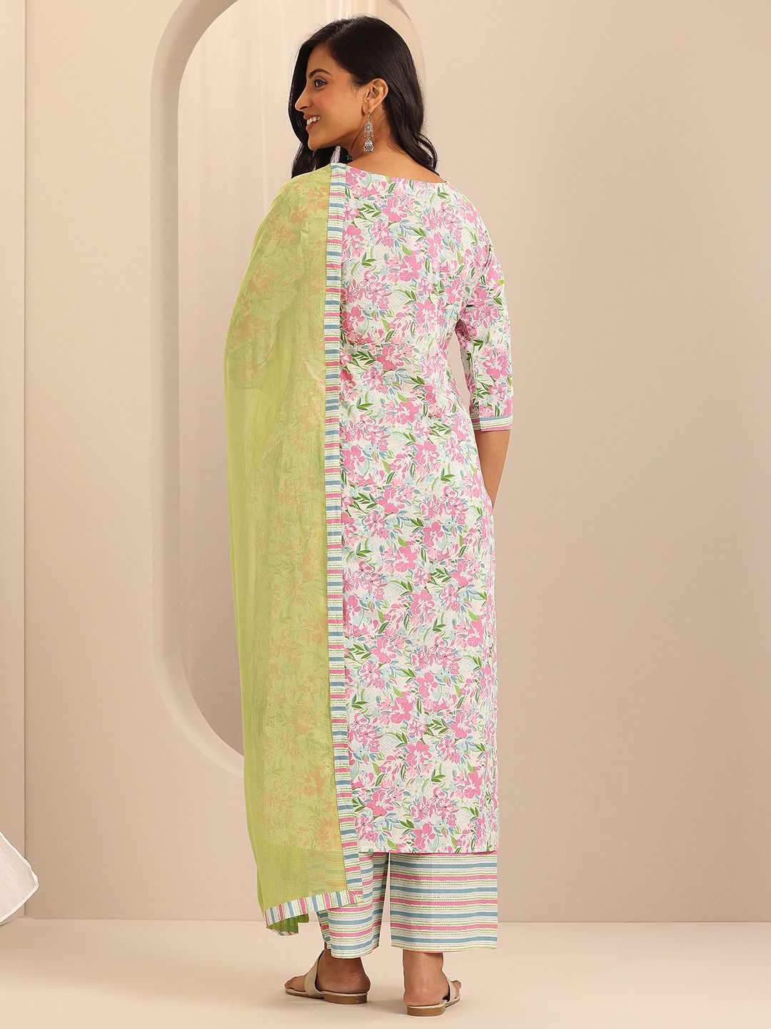 Libas Off white Floral Printed Pure Cotton Straight Kurta With Palazzos & Dupatta