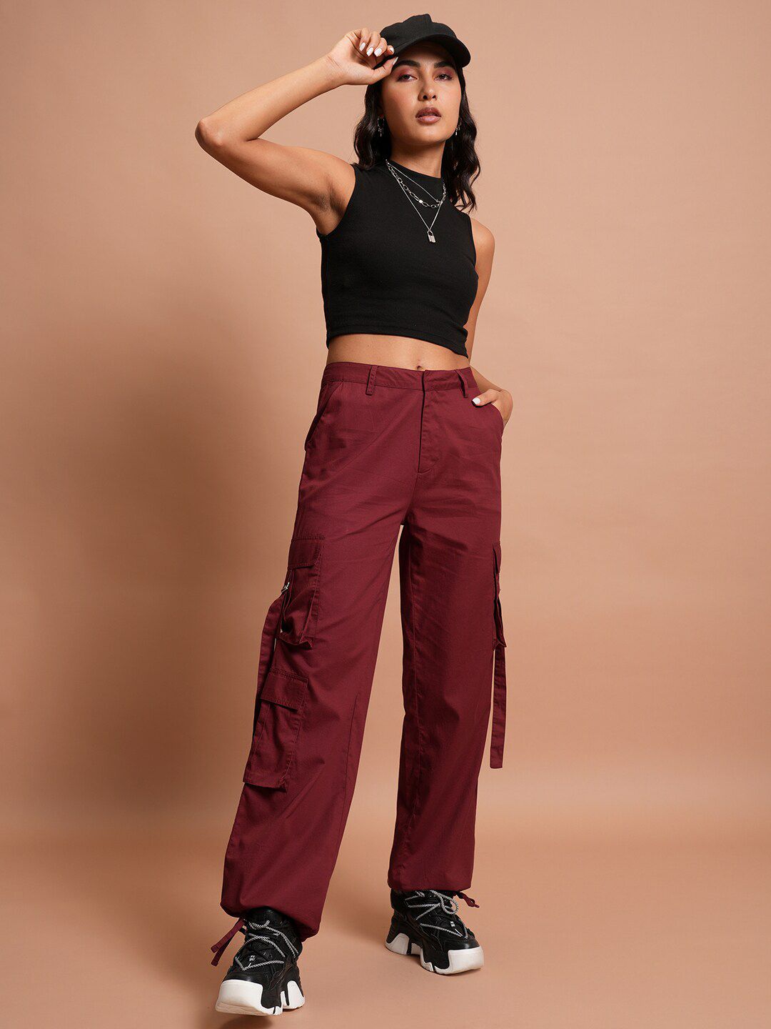 Tokyo Talkies Women Maroon Flared High Rise Cotton Cargos Trousers