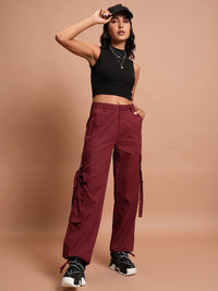 Tokyo Talkies Women Maroon Flared High Rise Cotton Cargos Trousers
