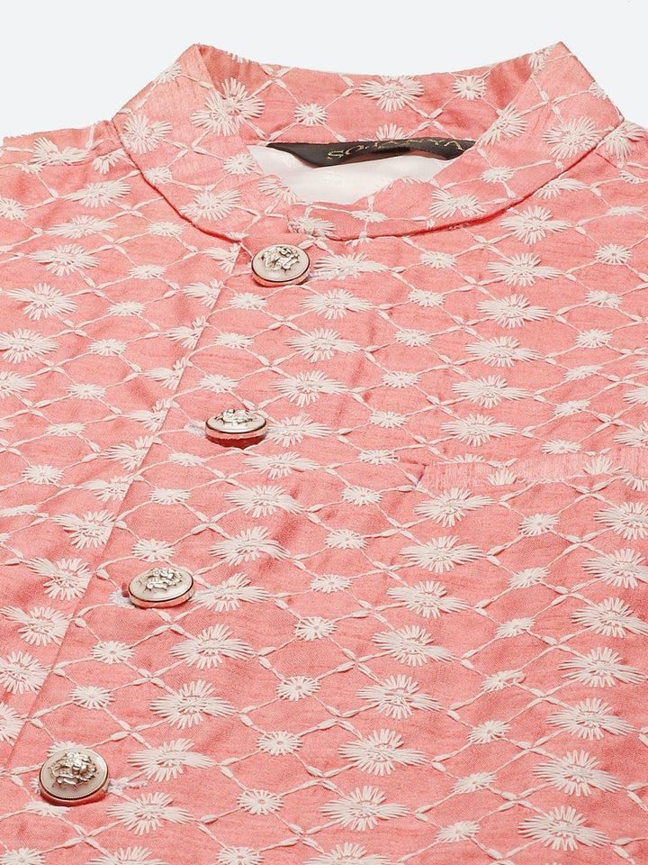 SOJANYA Men Coral Pink & White Floral Embroidered Kurta Set & Nehru Jacket