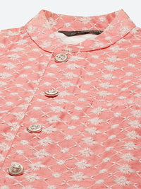 SOJANYA Men Coral Pink & White Floral Embroidered Kurta Set & Nehru Jacket