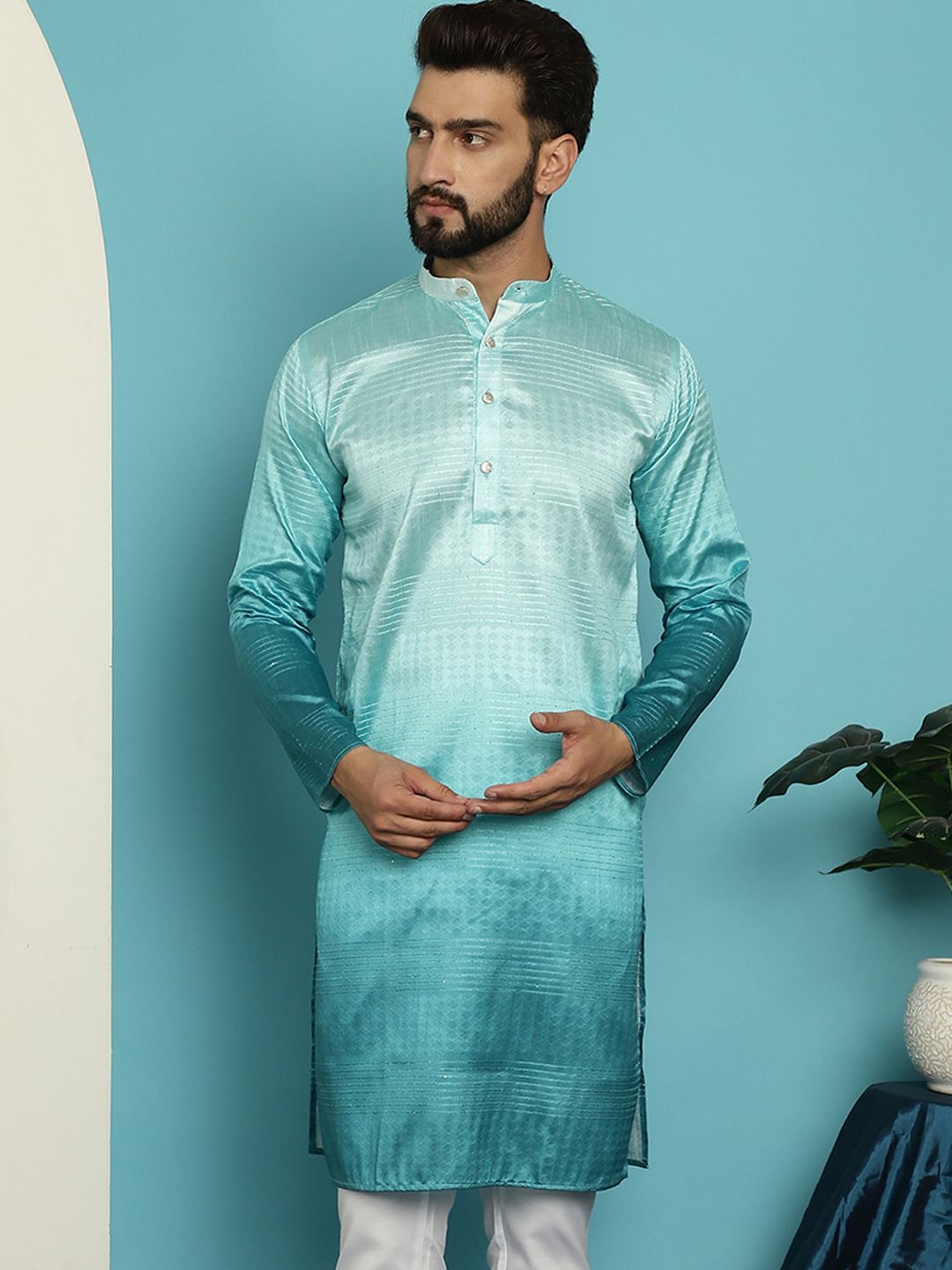 SOJANYA Mandarin Collar Thread Work Silk Cotton Jacquard Regular Kurta