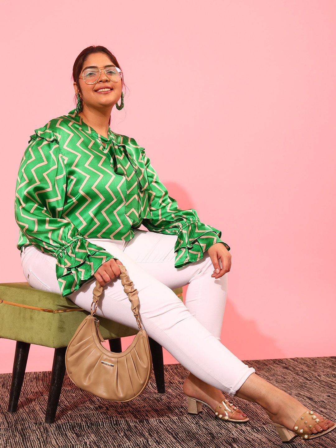 CURVY STREET Plus Size Geometric Printed Tie Up Neck Top