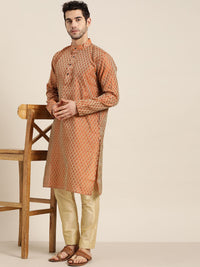 SOJANYA Men Rust Orange & Beige Jacquard Ethnic Motifs Woven Design Straight Kurta