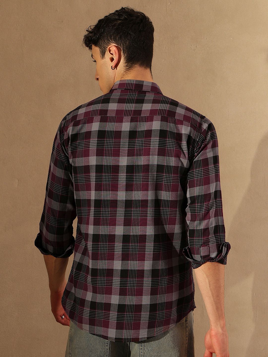 DENNISON Smart Tartan Checked Spread Collar Casual Shirt