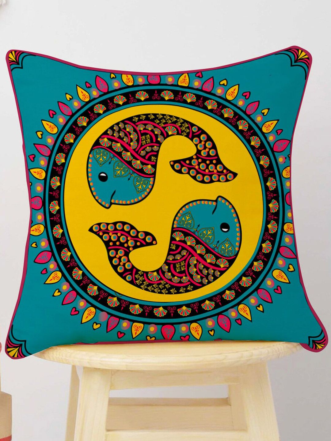 STITCHNEST Blue & Yellow Set of 5 Ethnic Motifs Velvet Square Cushion Covers