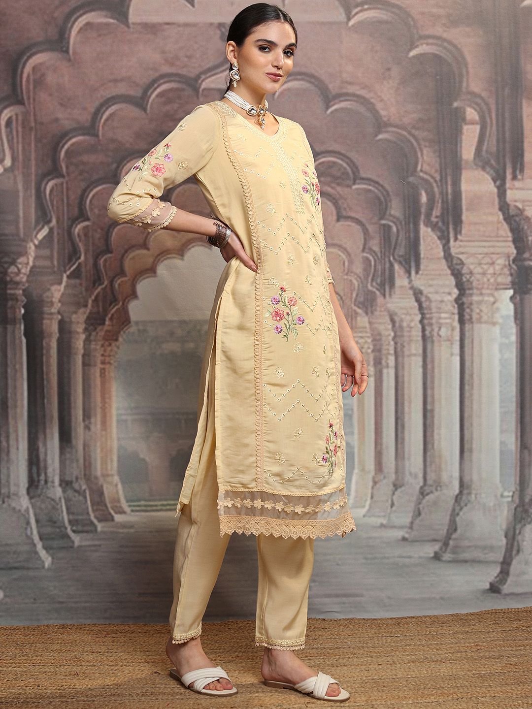 Vishudh Yellow Floral Embroidered Mirror Work Straight Kurta With Trousers & Dupatta