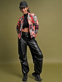 Tokyo Talkies Red Floral Printed Stand Collar Bomber Jacket With Zip Detail