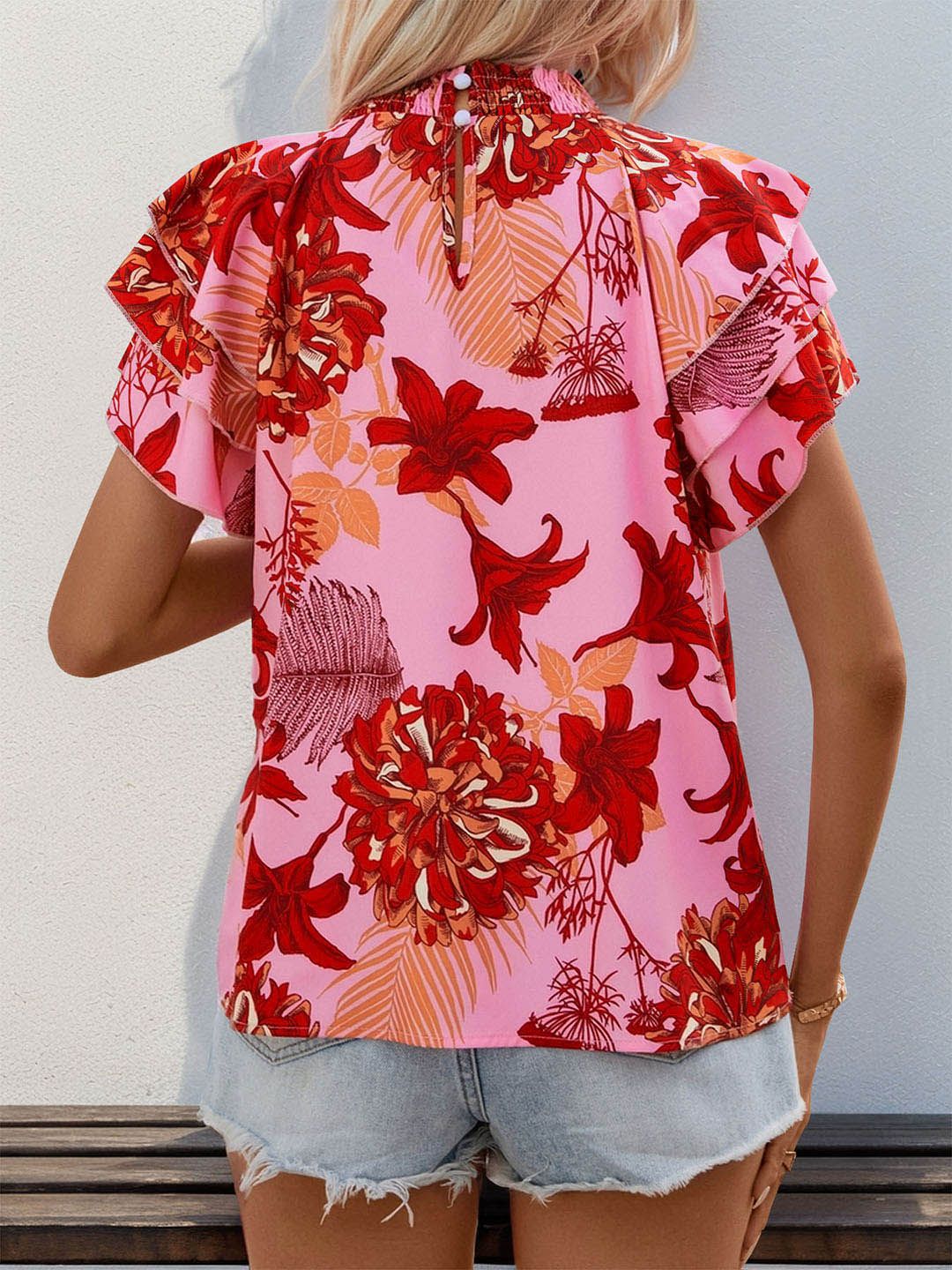 DressBerry Floral Print Keyhole Neck Flutter Sleeve Ruffled Top