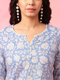 Anouk Blue Floral Printed Straight Pure Cotton Short Kurti