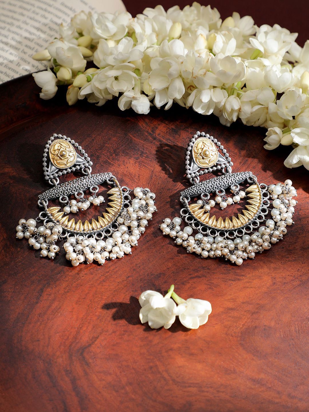 Rubans Oxidised Silver & Gold-Plated Dual-Tone Statement Chandelier with Pearl Drops