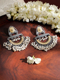 Rubans Oxidised Silver & Gold-Plated Dual-Tone Statement Chandelier with Pearl Drops