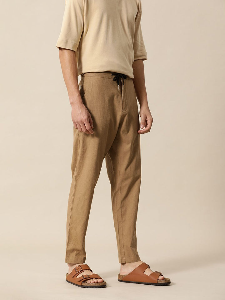 Mr Bowerbird Men Brown Solid Mid Rise Cotton Linen Regular Trousers
