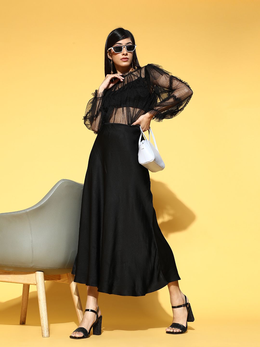 Antheaa Women Stylish Black Solid Sheer Top