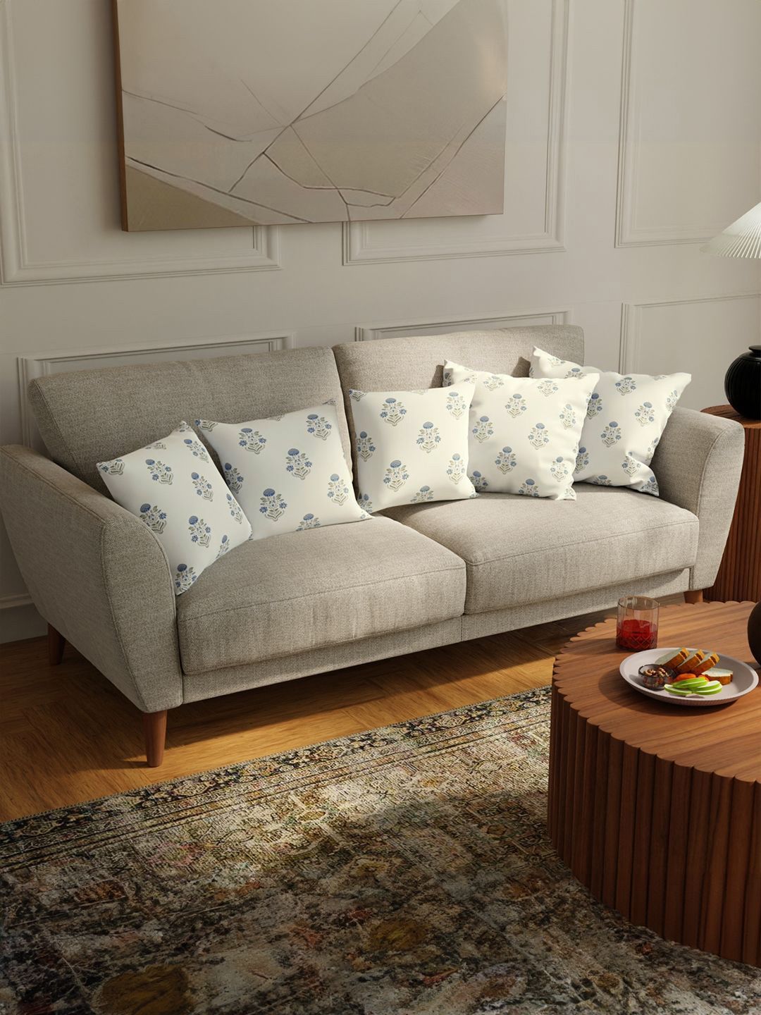 URBAN SPACE Blue & Cream-Coloured 5 Pieces Floral Printed Cotton Square Cushion Covers
